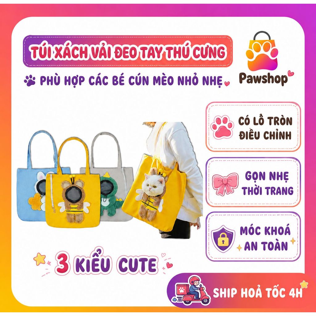 Túi vải xách tay đựng mèo có lỗ tròn Nupet dùng để mang mèo đi dạo, đi chơi, túi vải vận chuyển mèo