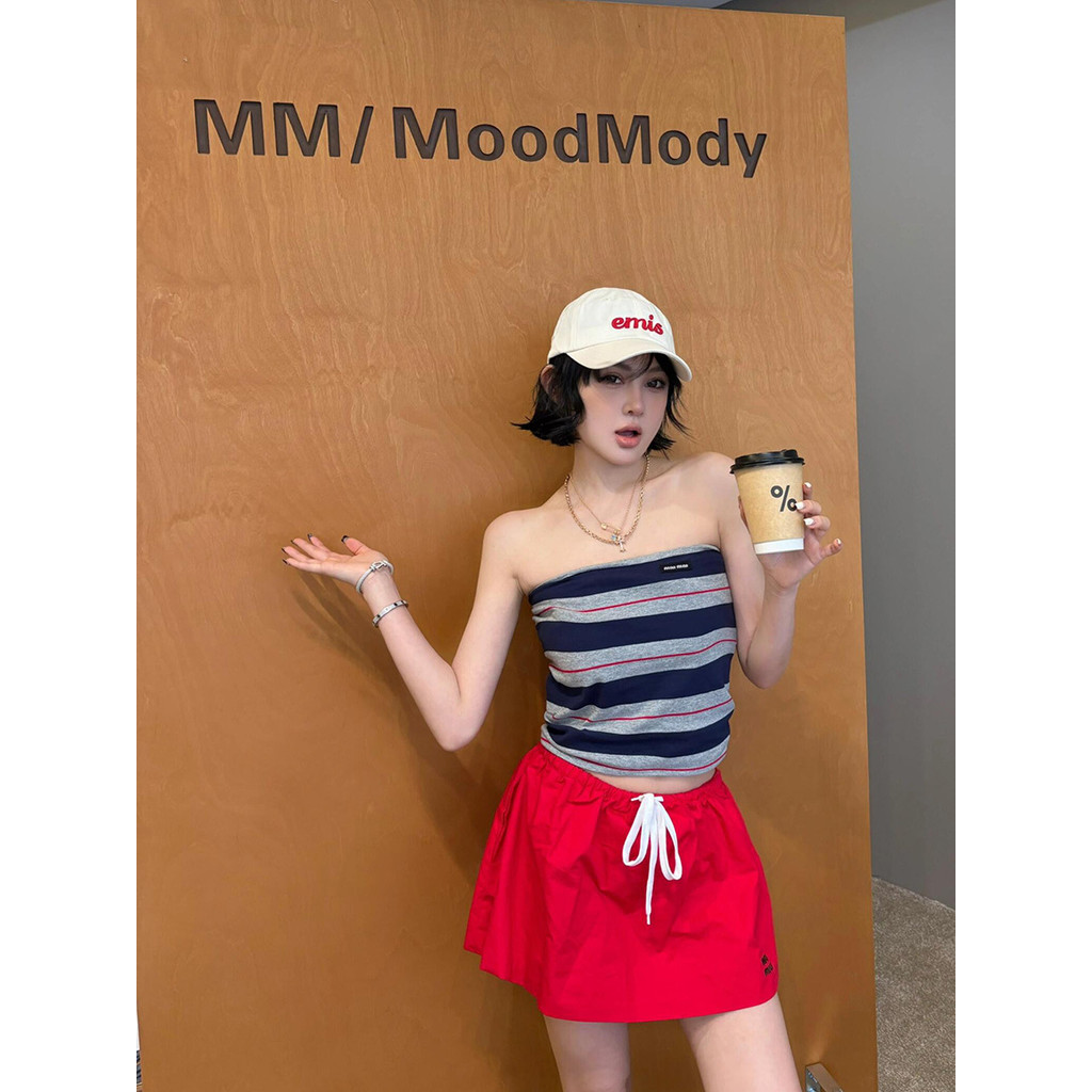 KF3Q Miu*mm 2025Summer new fashion letter logo embroidered striped knitted tube top for women