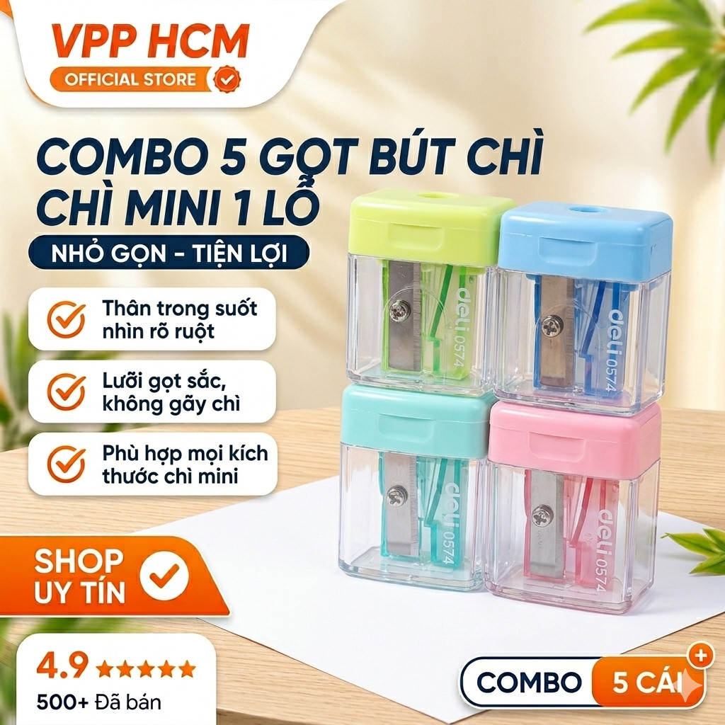 Combo 5 Cái Chuốt Gọt Bút Chì Mini Deli E0574 Có Hộp Chứa Phoi – Gọt Chì 1 Lỗ Nắp Đậy Tiện Lợi