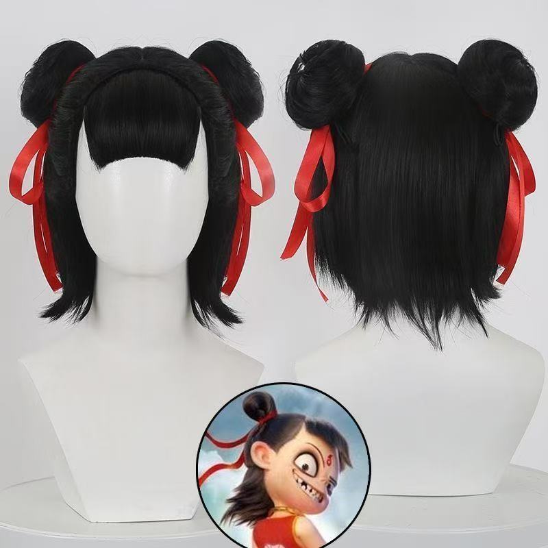 Silky Nezha 's Demon Boy Vòng Quanh Thế Giới Nezha cos Tóc Giả Siêu Dễ Thương Đen Đầu Bóng cosplay