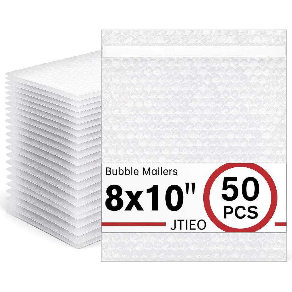 JTIEO 50 Gói Hộp thư bong bóng 8x10 "Phong bì đệm dày Phong bì gửi thư lớn Bong bóng trong suốt Đệm 