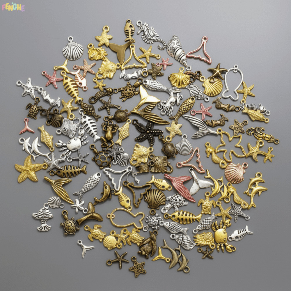 FENGHE Marine Organism Charms, Kim loại cá vàng sò điệp Mặt dây chuyền sinh vật đại dương cho DIY, H
