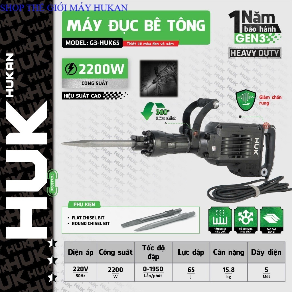 Máy đục bê tông (GEN 3) G3-HUK65 bằng điện chính hãng HUKAN chính hãng SHOP TG MÁY HUKAN