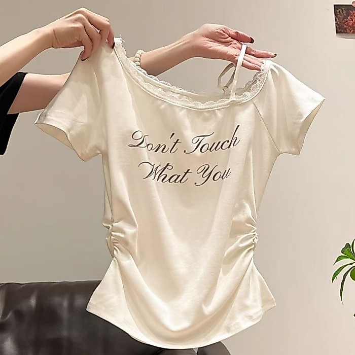 Meters White Letter Printed Off-shoulder Off-shoulder Short-sleeved T-shirt For Women In Summ