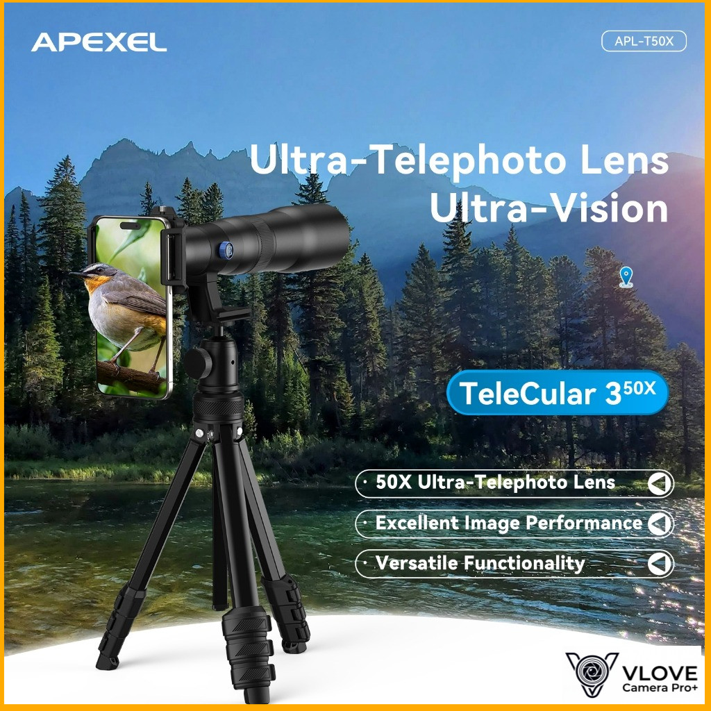 Ống kính một mắt Telephoto phóng đại APEXEL 50X với chân máy Mini cho điện thoại thông minh...