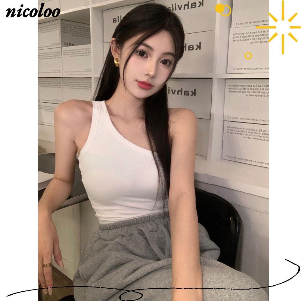 NICOLOO Ice Silk Sling không đều, Spice Girl Slim Beautiful Back Vest, Áo khoác ngoài thường ngày mù