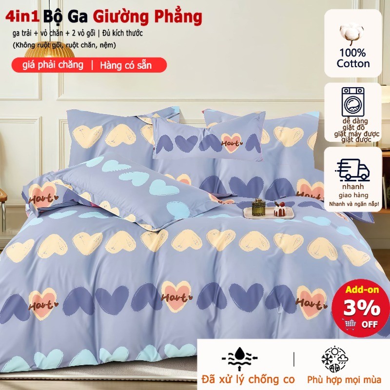 Bộ chăn ga gối 4 món bông tinh khiết Hàng có sẵn Kích thước Giường đơn Giường nữ hoàng vua Tấm ga tr