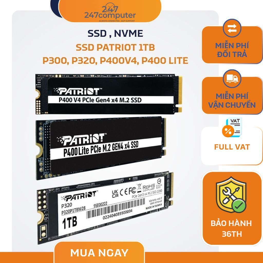 Ổ cứng SSD Patriot P300, P320, P400v4, P400 Lite  1TB M.2 2280 PCIe Gen3 x4 - BH 60 tháng