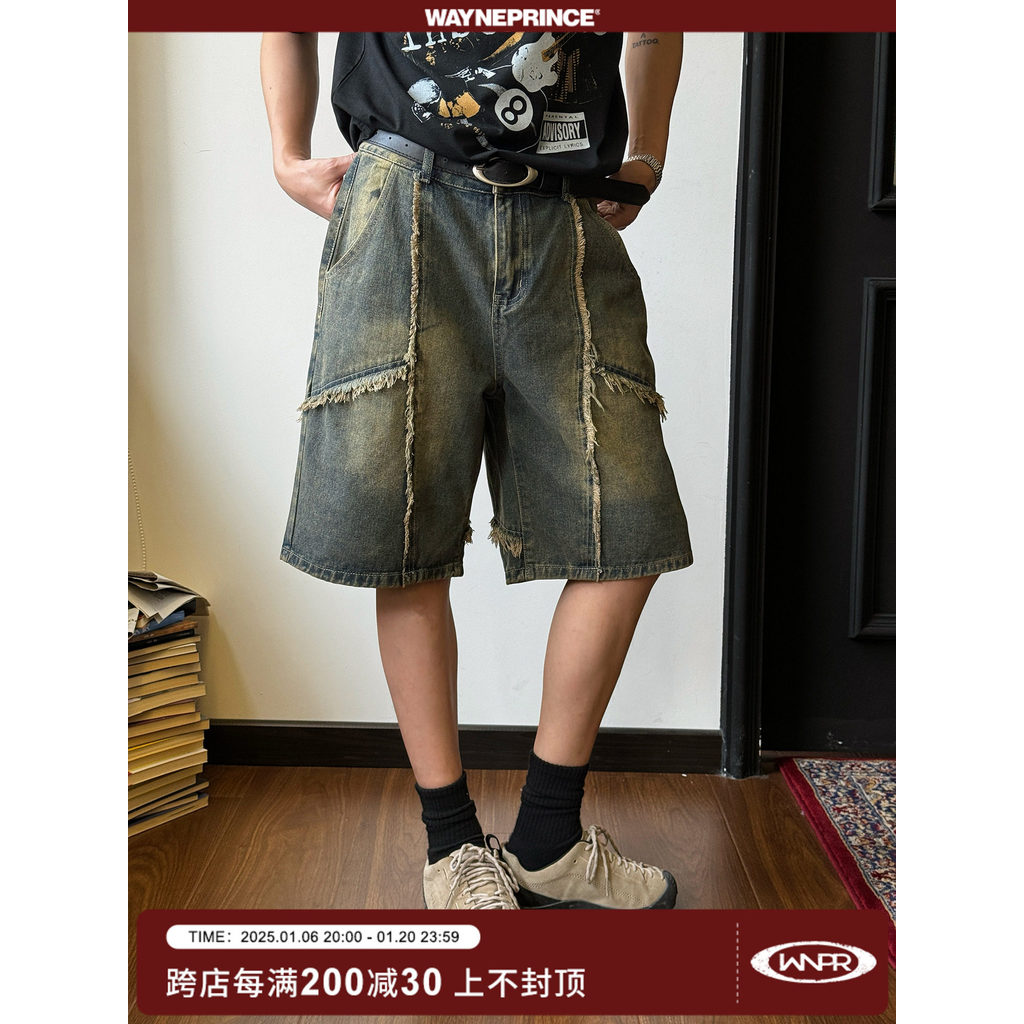 19studio WAYNEPRINCE Thiết kế hợp thời trang Fringe Fringe Fringe Quần short Denim giặt Quần crop th
