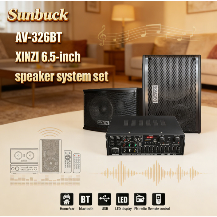 Ampli Sunbuck AV326BT, Bộ loa 6.5/8 inch - Subwoofer thụ động công suất lớn 5000W, RCA, FM, dùng cho