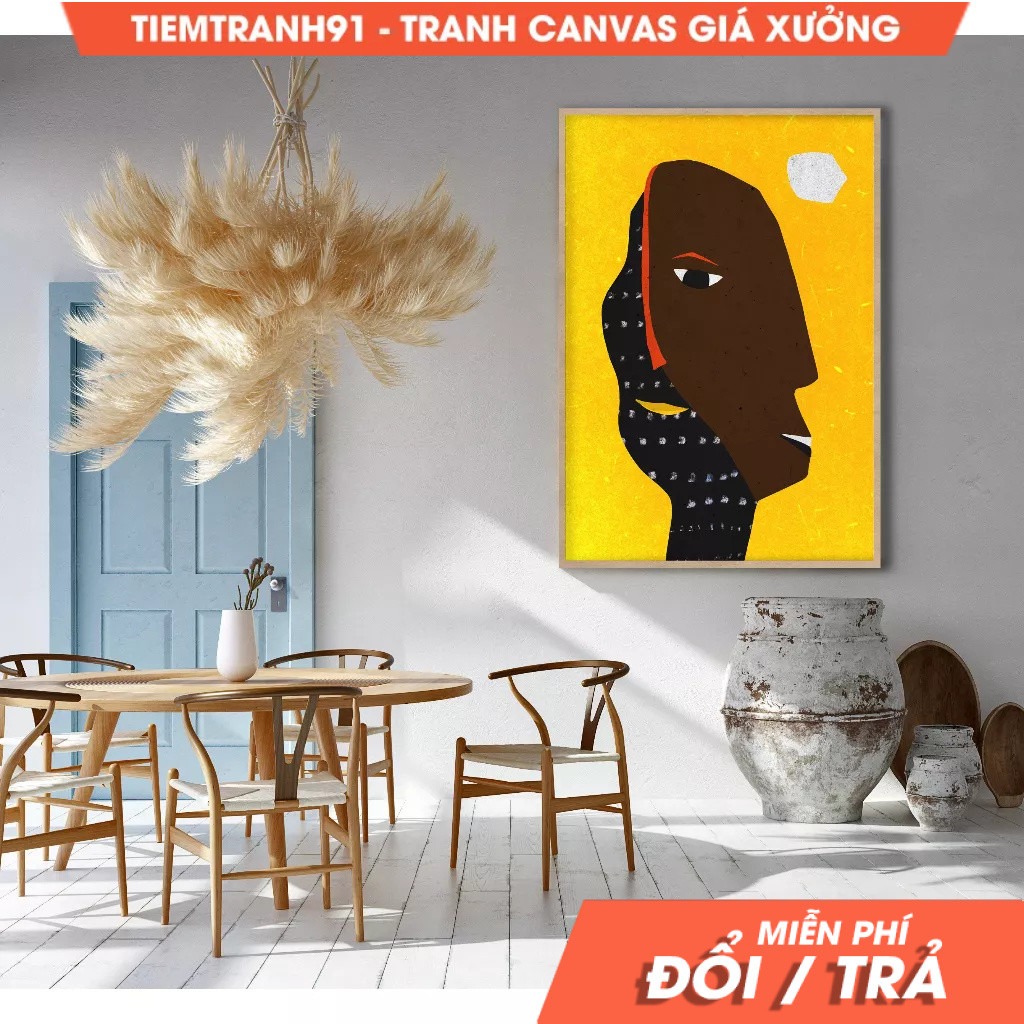 Tranh treo tường, African Ethno Illustration Man,Yellow Black Brown Abstract, Afro Portrait, Modern 