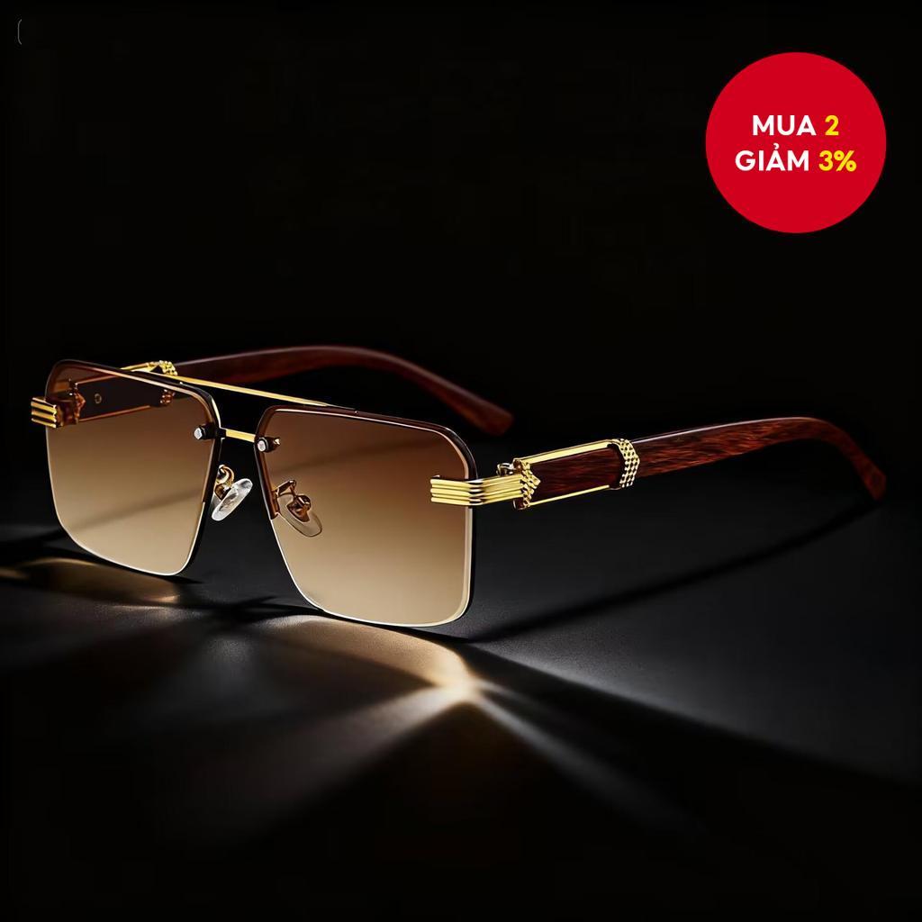 Kính râm nam gọng vuông không khung cổ điển - Tròng kính chống tia UV, gọng vân gỗ nhẹ