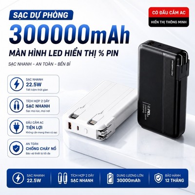 Sạc Dự Phòng 30000mAh Kiêm Cốc Sạc 22.5W Tích Hợp Chân Cắm AC 2 Cáp Type C/LN Màn Hình Hiện Thị Pin