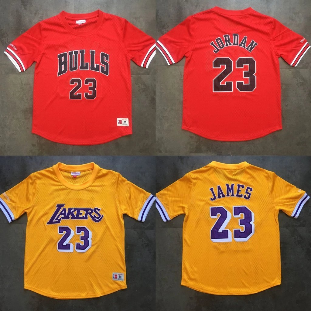 [AU Full Secret Thêu] NBAMitchell & Ness Bull Jordan 23 Lakers 23#詹姆斯 Áo thun ngắn tay lưới màu vàng