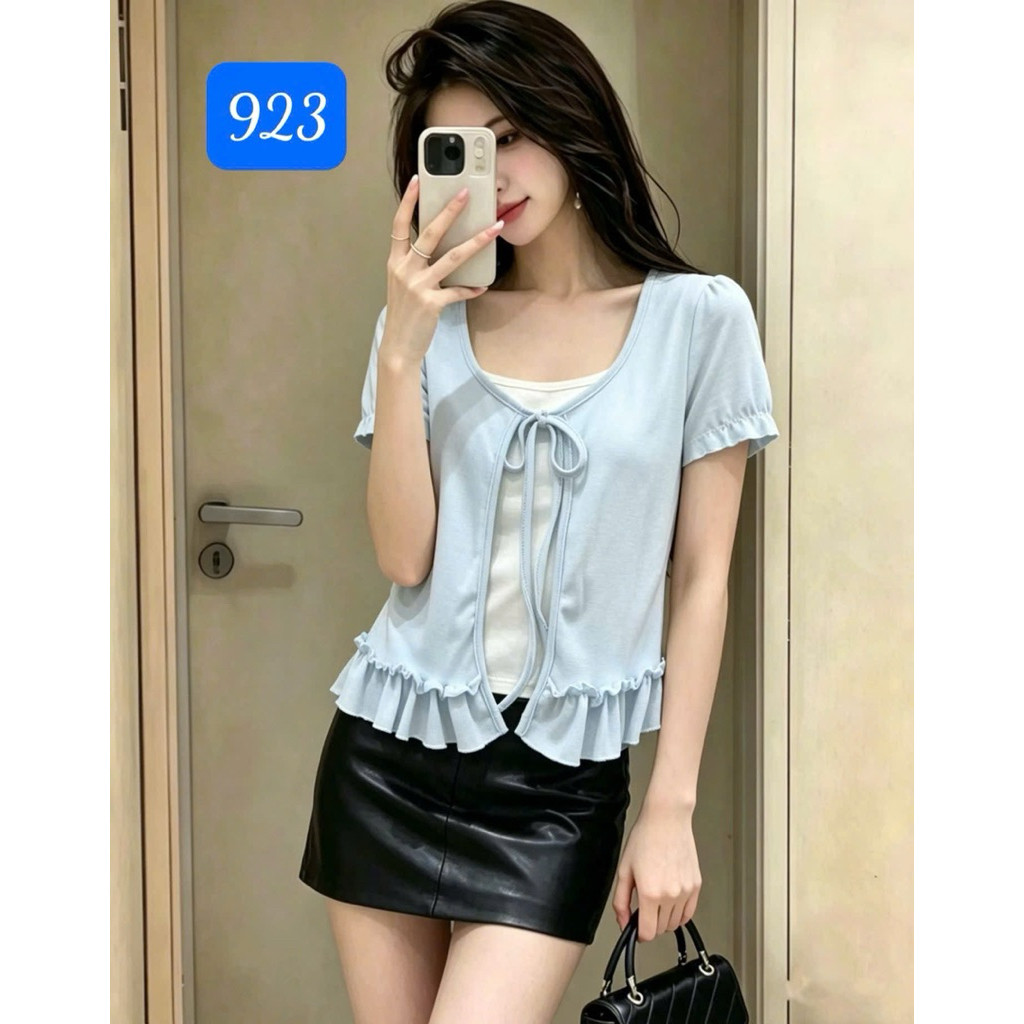 JANG STORE Áo phông kiểu 2in1 thắt dây chân bèo màu trơn tay cộc 923 jang store