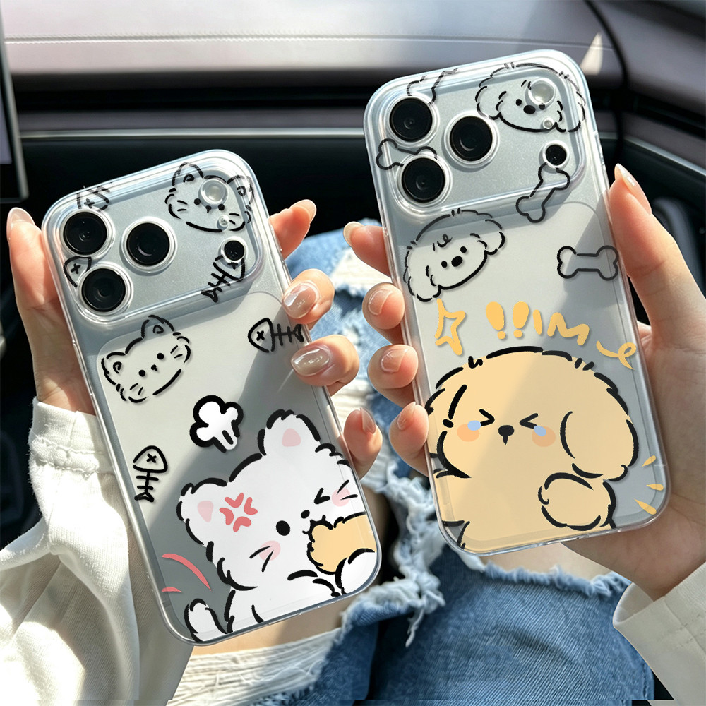 Ốp điện thoại TPU mềm trong suốt vẽ mèo vs chó đơn giản cho IPhone 17 15 14 13 12 11 Promax, XR XS M