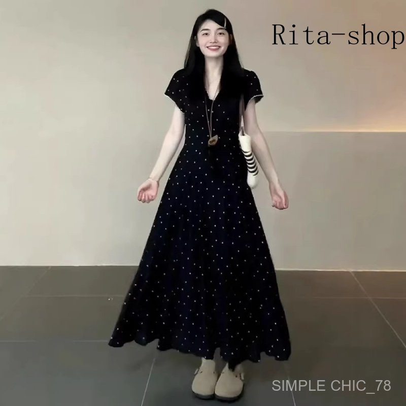 [Pre-Order] Váy Maxi Đen Họa Tiết Hoa Nhí Phong Cách Hepburn Pháp Thanh Lịch Tôn Dáng Cho Nữ