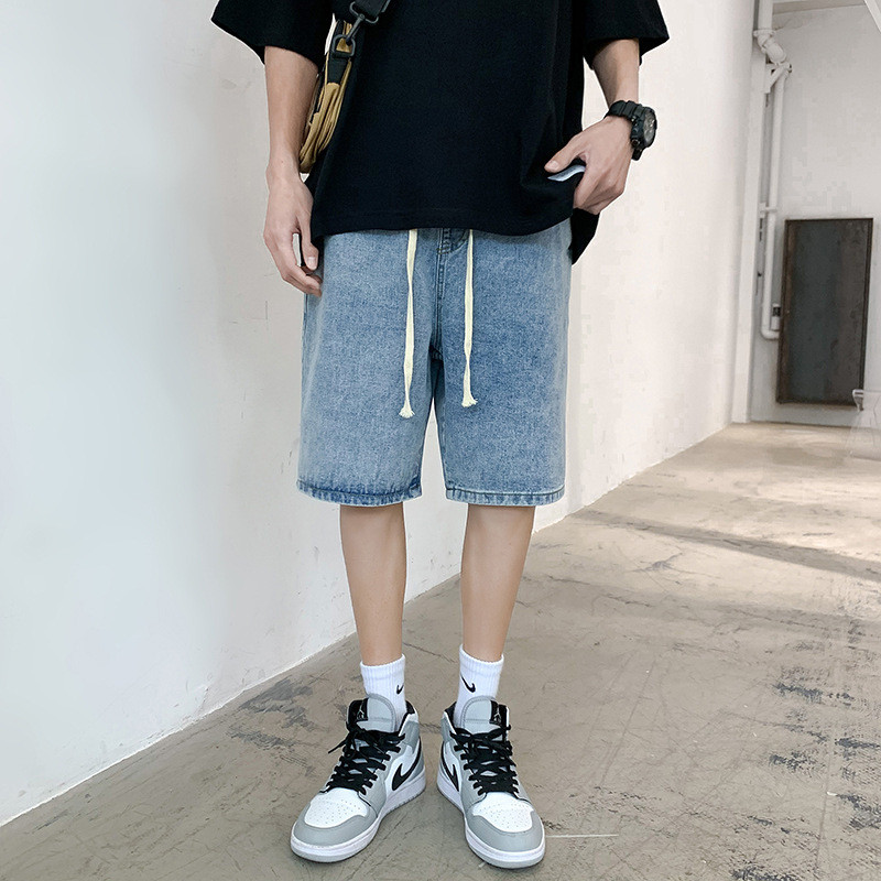 Quần áo Muxi#夏季潮牌牛仔短裤ins松紧腰浅蓝色宽松男女同款五分裤