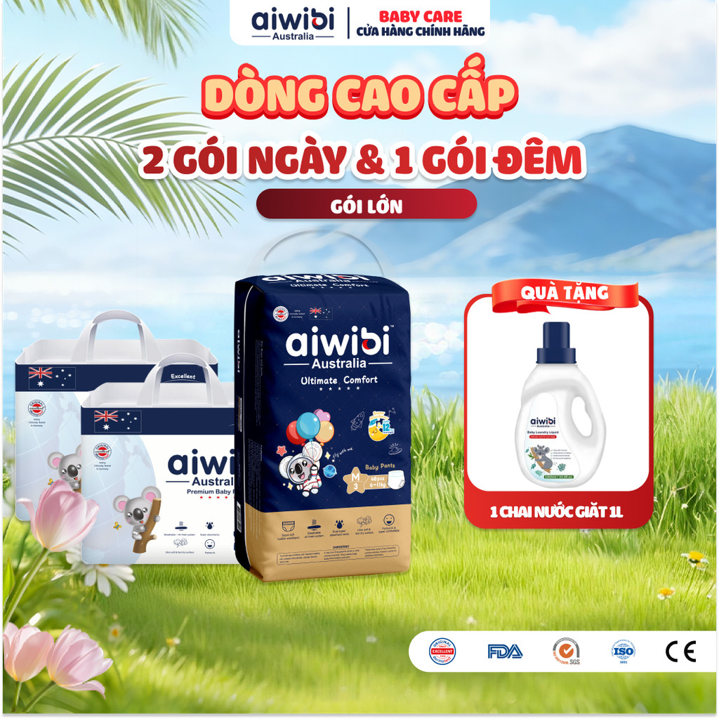 [Combo Ngày & Đêm] Tã/Bỉm Quần Cao Cấp Aiwibi Cho Bé Siêu Thấm Hút - 2 Gói Ngày Lớn + 1 Gói Đêm Lớn