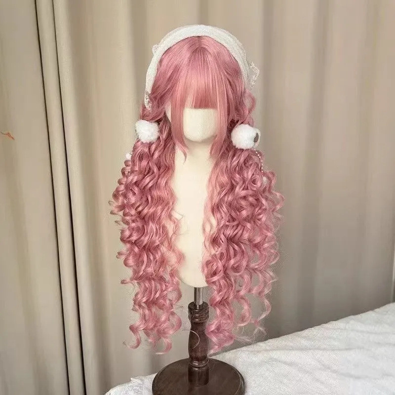 HAGJ [Dorothy's Dream]Fairy-tale style pink long curly wavy wig, Lolita style soft girl full headpie
