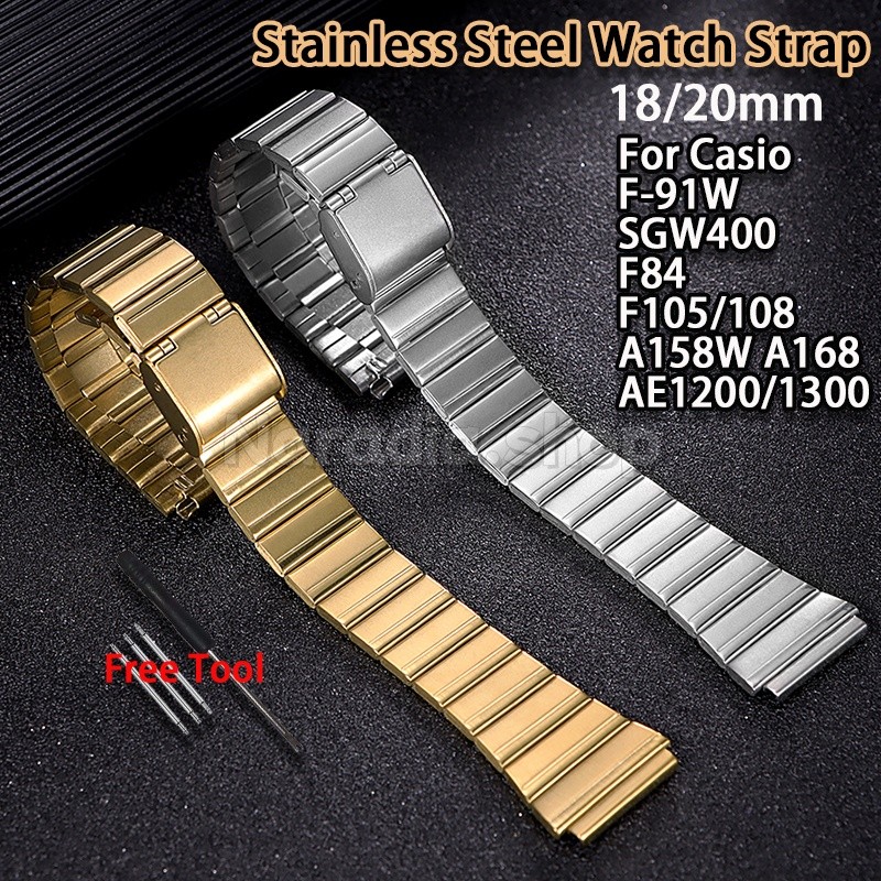 Dây đeo đồng hồ bằng thép không gỉ cổ điển 1 hạt 18 / 20mm cho Casio F-91W SGW400 F84 F105 / 108 A15