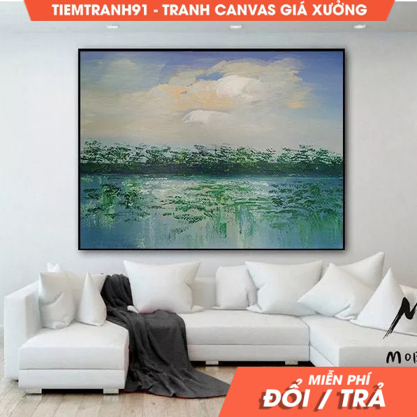 Tranh treo tường, Large Sea Landscape Abstract Painting,Original Cloud  Painting,Green Abstract Pain