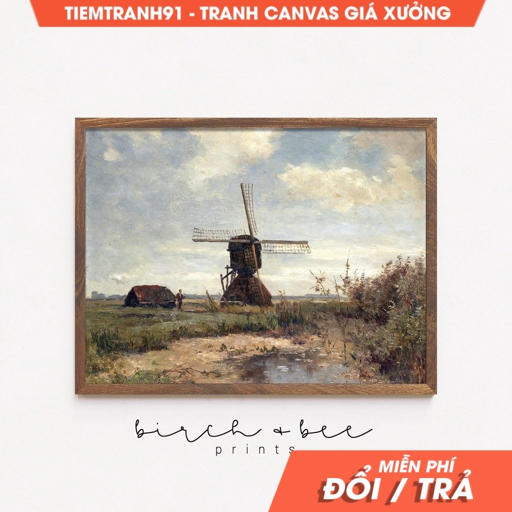 Tranh treo tường Country Scene Painting  Vintage Landscape Windmill Farmhouse Decor  19th Century Ar
