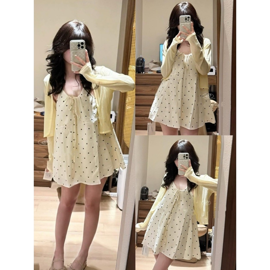 (MÃ 5964) SET ÁO 2 DÂY THÔ ĐŨI HỌA TIẾT CHẤM BI BUỘC NƠ NGỰC MIX ÁO CARDIGAN TRẮNG NGỌT NGÀO - DÀNH CHO NỮ | BigBuy360 - bigbuy360.vn