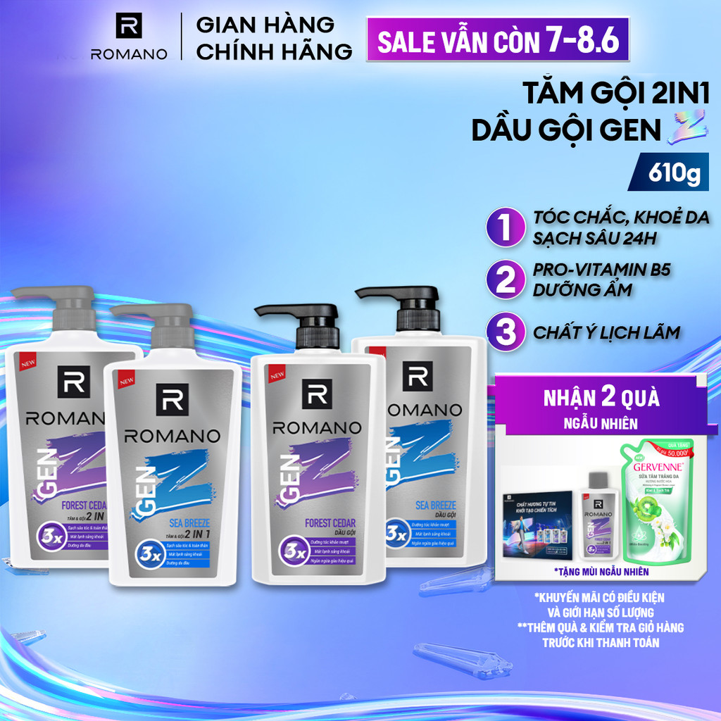 Tắm gội cho nam 2in1 cho nam / Dầu gội nam Romano Gen Z hương Sea Breeze/ Forest Cedar 610g / chai -