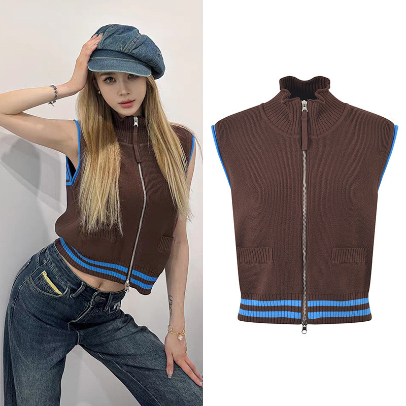 H2JW Self-Portrait Unique design color-blocked striped knit vest2023New autumn zippered letter-print