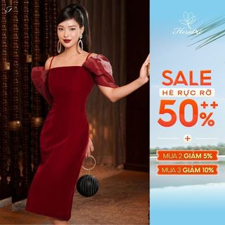 Đầm dạ hội nữ HeraDG dáng ôm thiết kế trễ vai phối oganza quyến rũ, sang trọng, chất liệu Nhung cao cấp WDPBB3059