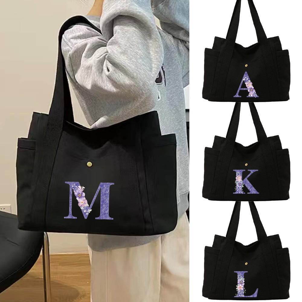 Black zipper bag hand-held suitcase multi-pocket large capacity pattern popular purple flower patter