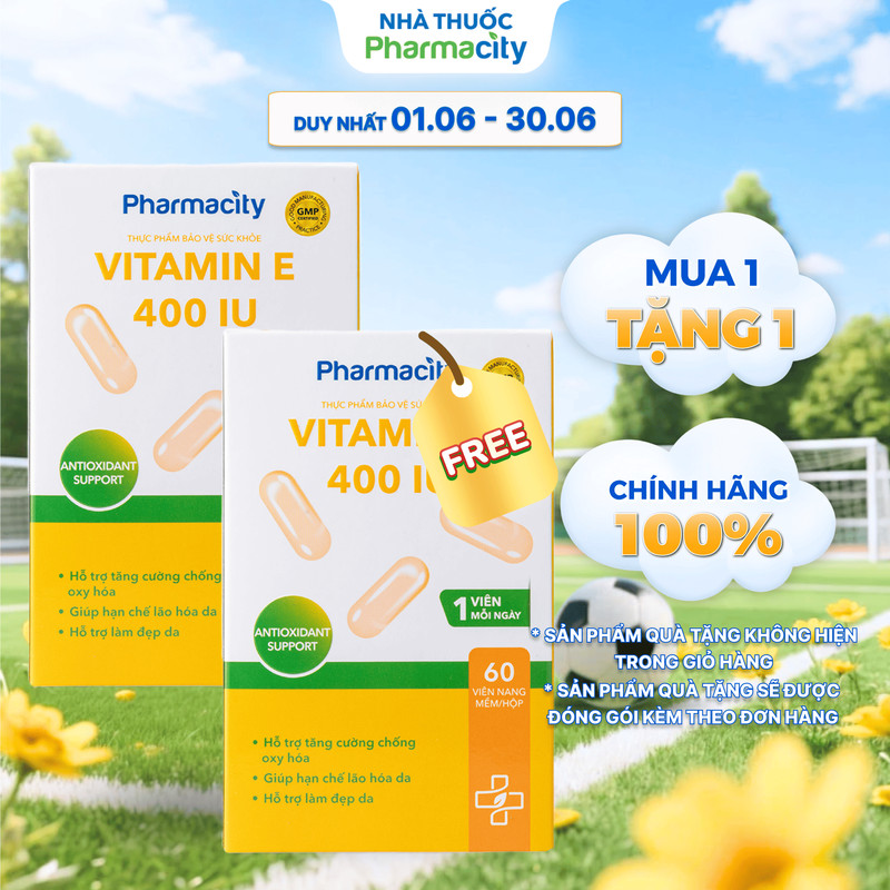 Viên uống Pharmacity Vitamin E 400IU hỗ trợ tăng cường chống oxy hóa, làm đẹp da (Chai 60 viên)
