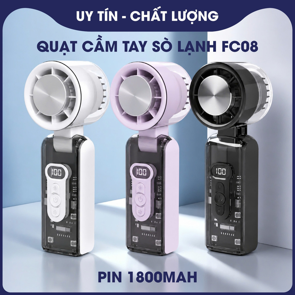 Quạt Tích Điện Mini FC8 Cổ Gập Đa Năng, 100 Tốc Độ Gió, 4 Mức Đèn LED, Pin Khỏe