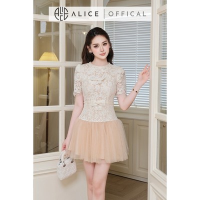 Váy Ren Dự Tiệc Cao Cấp Alice Dáng Ngắn, Đầm Đính Nơ Ngực Phối Tùng Lưới Bồng Bềnh V1459