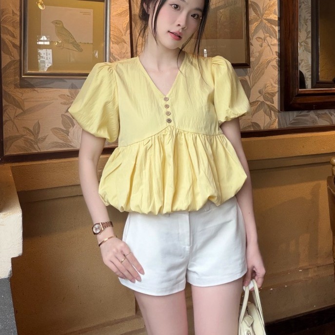 Áo kiểu hottrend nữ cổ V áo bí trẻ trung 12 THÁNG SÁU MA3003