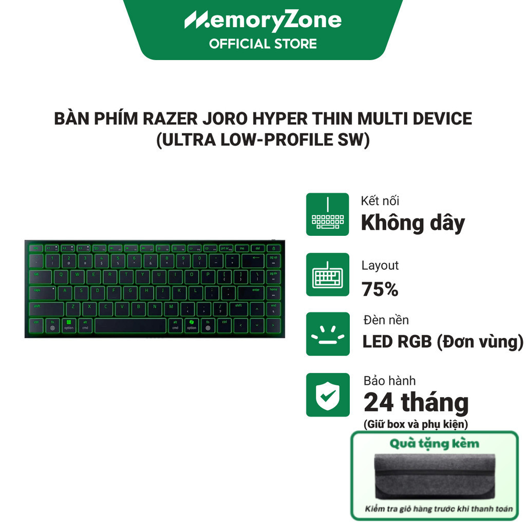 Bàn phím không dây Razer Joro Hyper Thin Multi Device (Ultra Low-Profile Sw) - Siêu Mỏng Nhẹ, LED RB