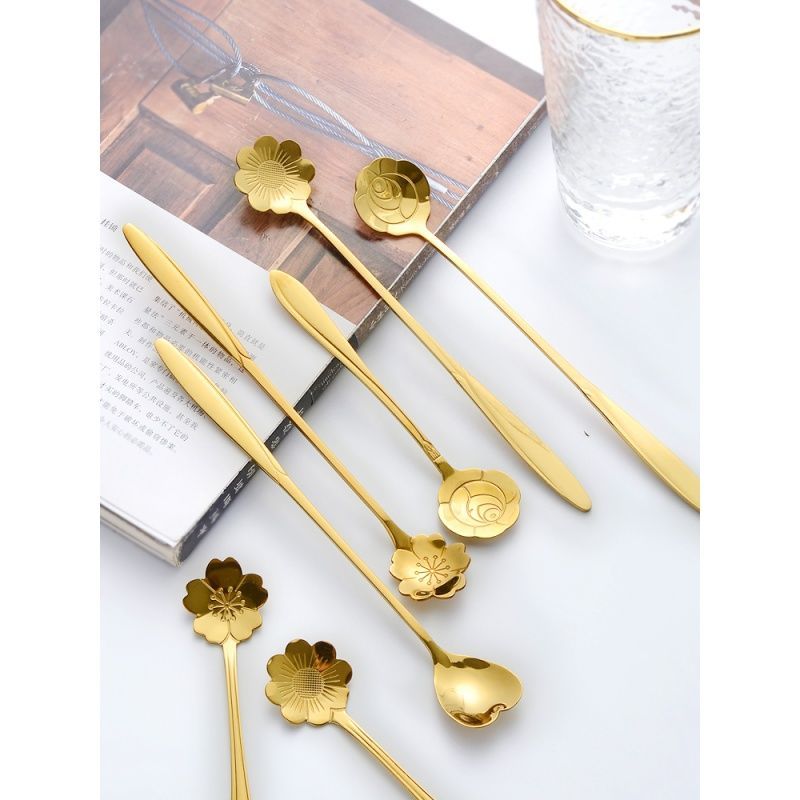 Golden Cherry Blossom Long-Handle Rose Titanium Card7daily Stainless steel premium petal spoon, mixi