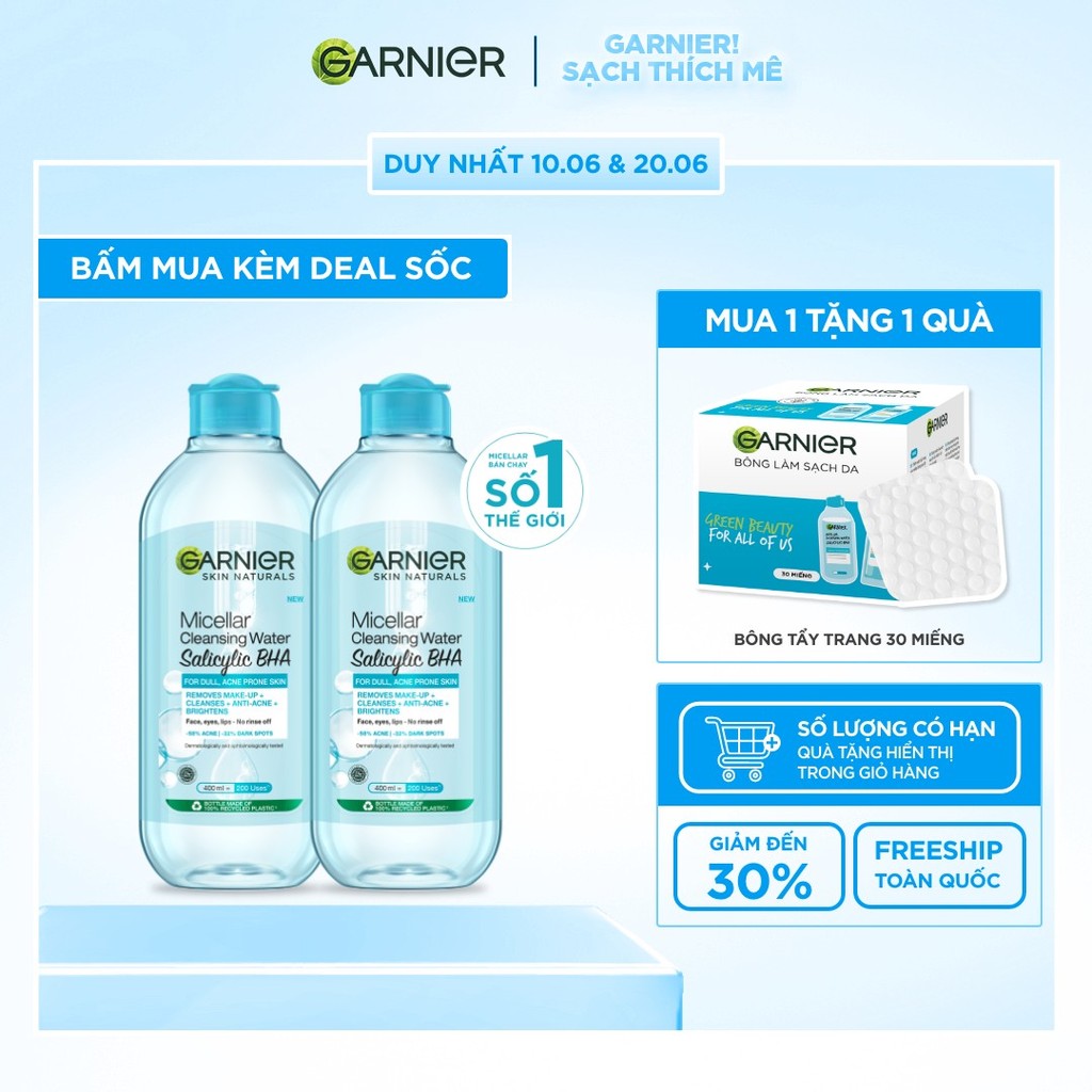 Bộ 2 Nước tẩy trang Garnier Cho Da Dầu Mụn Salicylic BHA Micellar 400ml x 2 (mới)