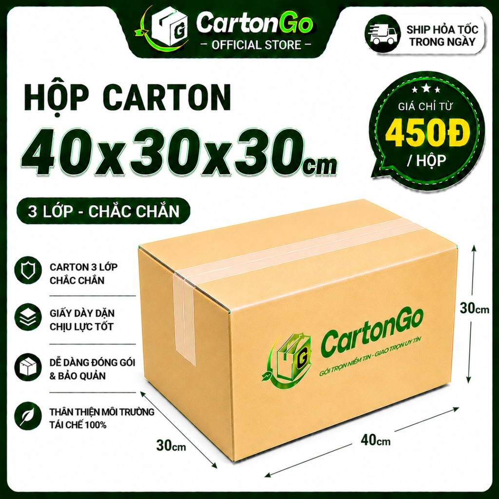 100 Hộp Carton Đóng Hàng 40x30x30cm - Hộp Giấy Gói Hàng 3 Lớp Sóng B - CARTON GO