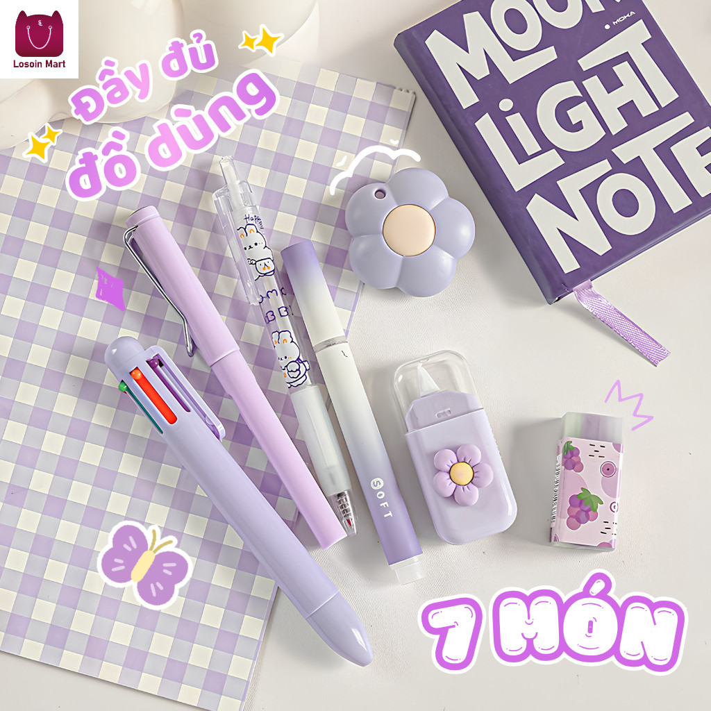 Bộ văn phòng phẩm dễ thương, bộ quà tặng 7 món, bút bi, băng xóa