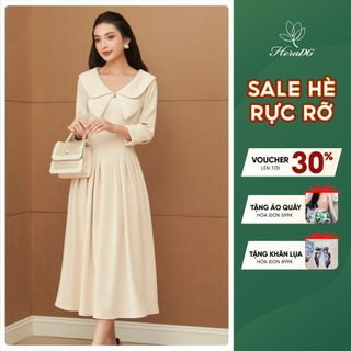 Đầm dáng xòe xếp ly lá cổ to tay dài điệu đà chất liệu tuytsi nhung cao cấp HeraDG WDPBB3037