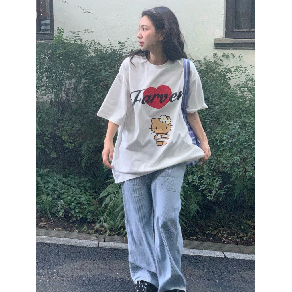 1RJO farven The blogger's same cartoon style kitty Printed casual short sleeves T Women's summer top