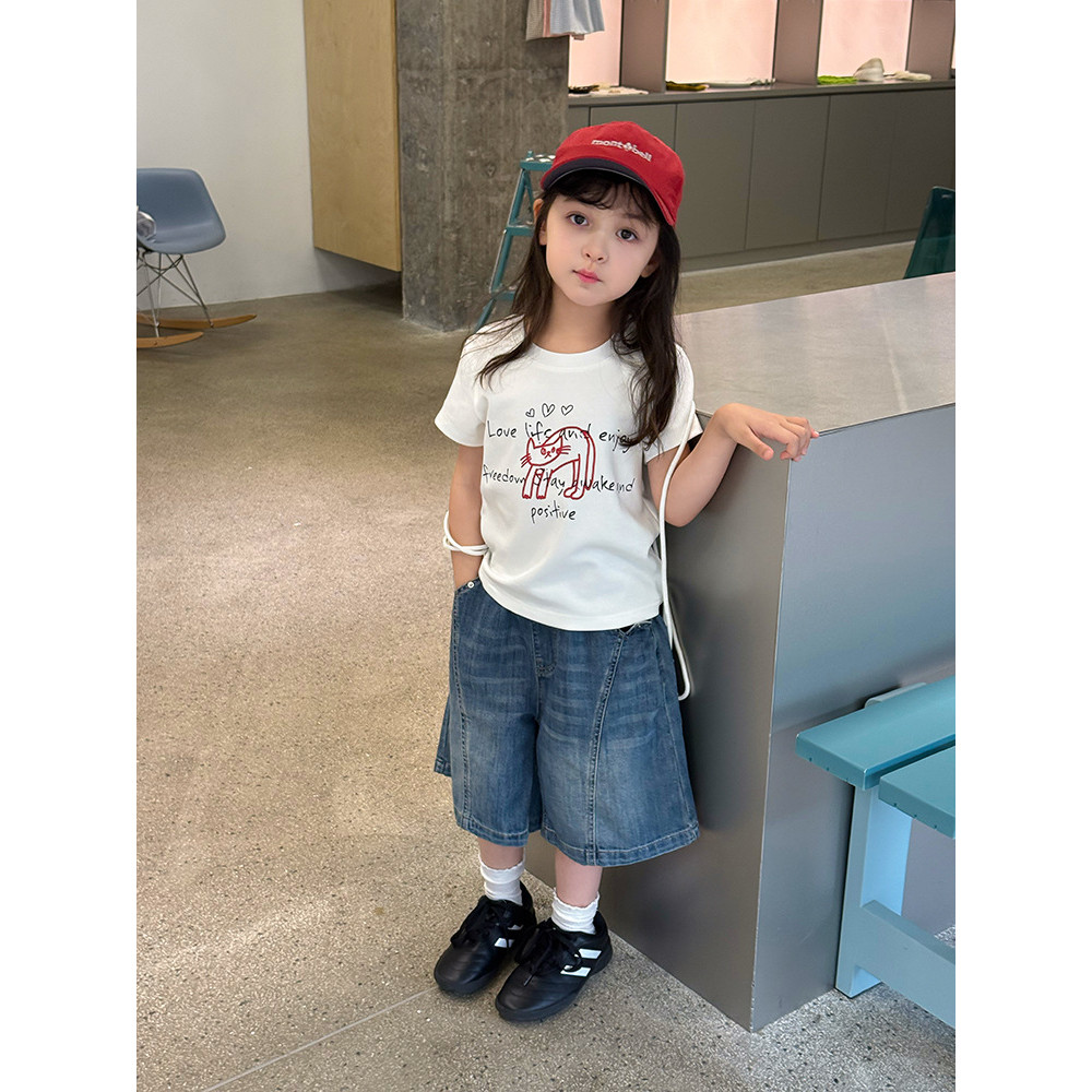 BEIFU BEIFU Trẻ Em Mùa Hè Cotton Dễ Thương Mèo Ngắn Tay Bé Gái Phiên Bản Hàn Quốc Chữ Nửa Tay Đáy Áo