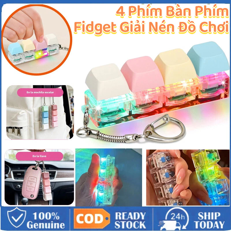 4Phím Bàn Phím Fidget Giải Nén Đồ Chơi Fidgets Clicker Đồ Chơi Có Đèn LED Bàn Phím Móc Khóa Vượt Qua