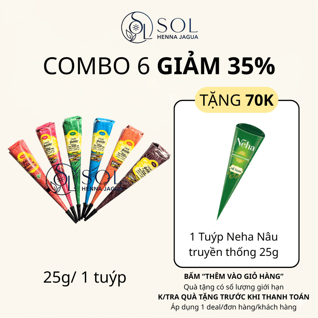 Bộ Mực Vẽ Henna Mehendi GOLECHA 6 Màu Chính Hãng Ấn Độ – Henna Cone Tattoo Tạm Thời, Dễ Vẽ, Lên Màu 