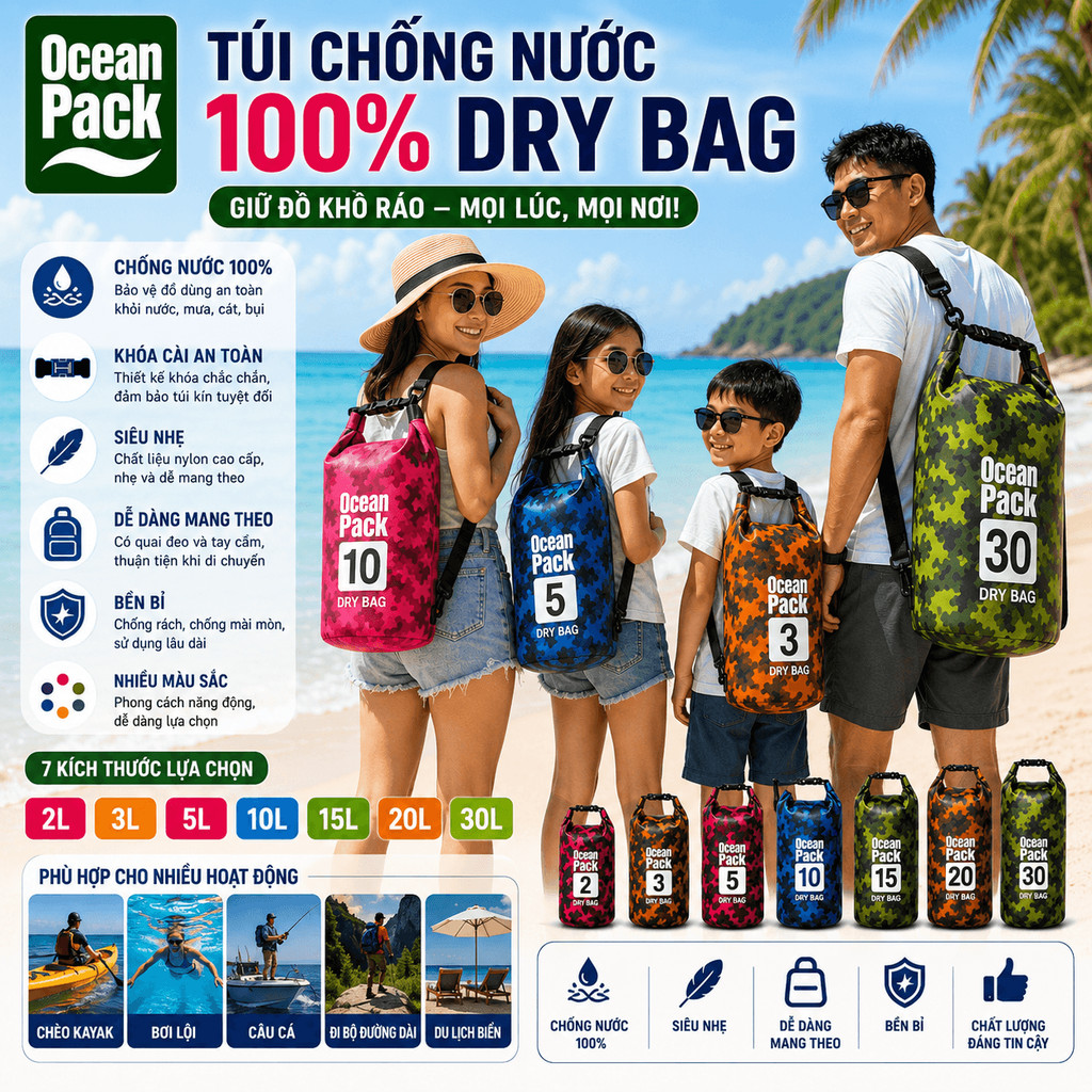 Ocean Pack Túi Khô Chống Nước 100% 2L 3L 5L 10L 15L 20L 30L, Túi Đi Biển, Cắm Trại, Du Lịch Ngoài Tr