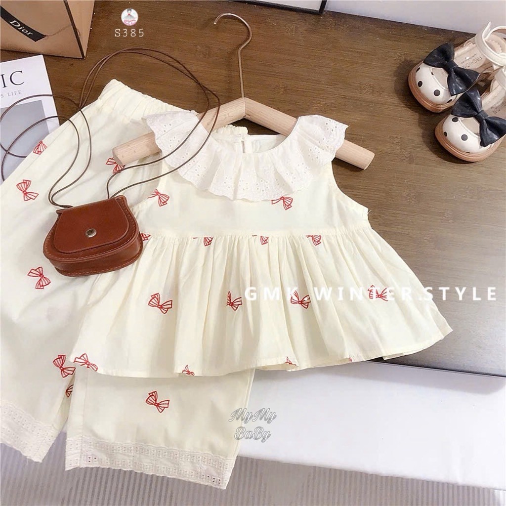 Sét áo quần vàng kem nơ đỏ đáng yêu cho bé gái từ 10-11 tháng 1 2 3 4 5 6 7 tuổi , đồ bộ bé gái , th