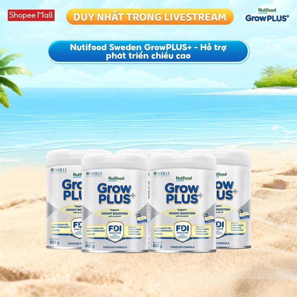 Combo 5 Sữa Bột Nutifood Sweden GrowPLUS+ Cao lớn vượt trội từ 1 - 2 tuổi (Bạc) 800g