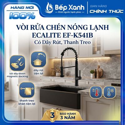 Vòi Rửa Chén Nóng Lạnh Ecalite EF-K541B - Có Dây Rút, Thanh Treo - Đồng Thau Sơn Đen - Bảo Hành 3 Năm
